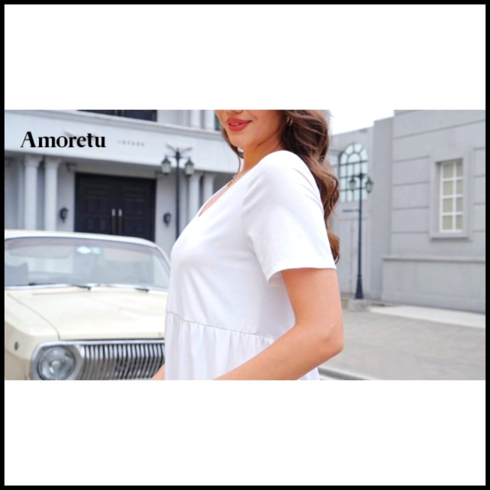 Women's Summer Tunic Dress V Neck Short Sleeve Loose Flowy Swing Shift - Picture 4 of 6
